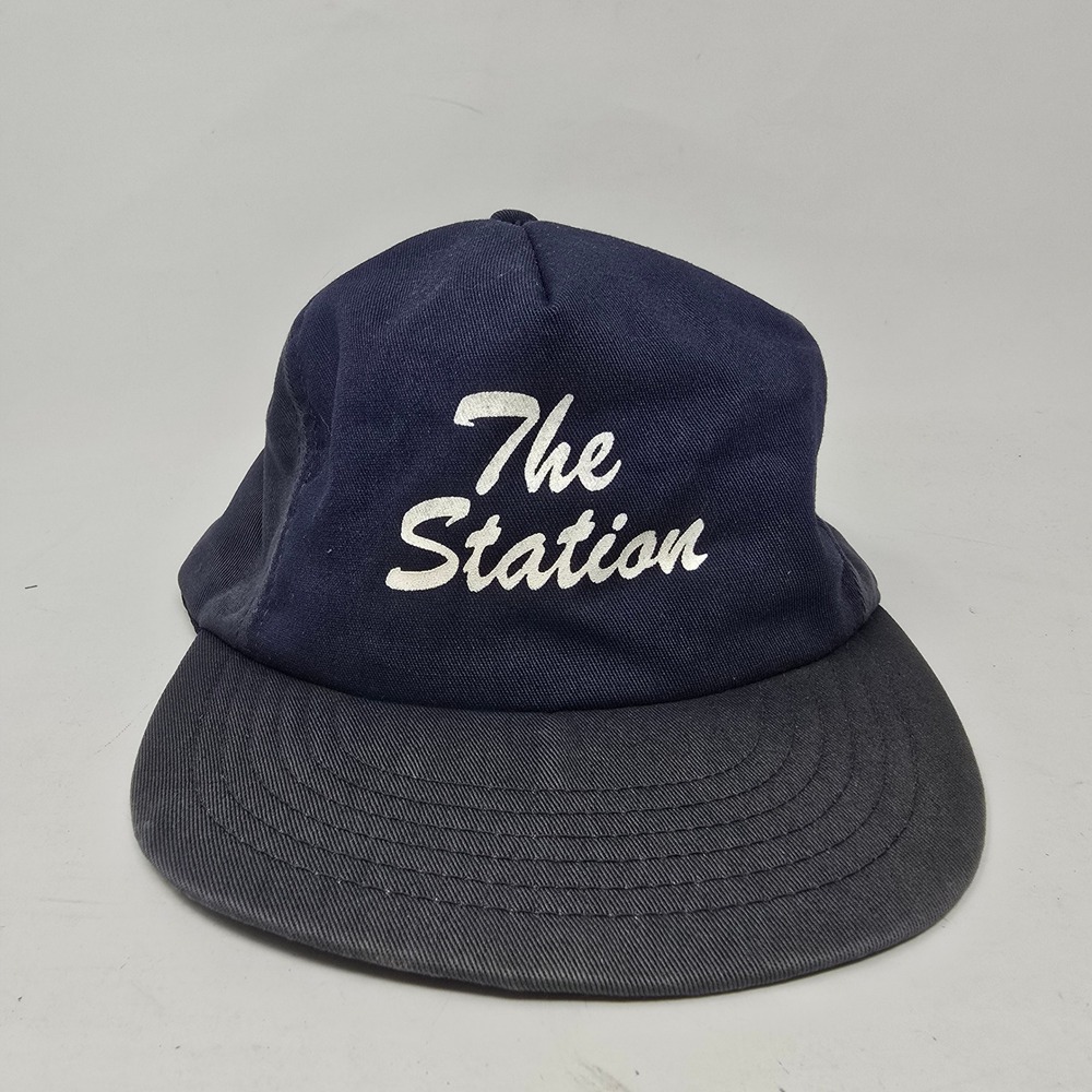 Vintage The Station Snapback Hat Navy Blue Made in USA Script Trucker Cap Mens